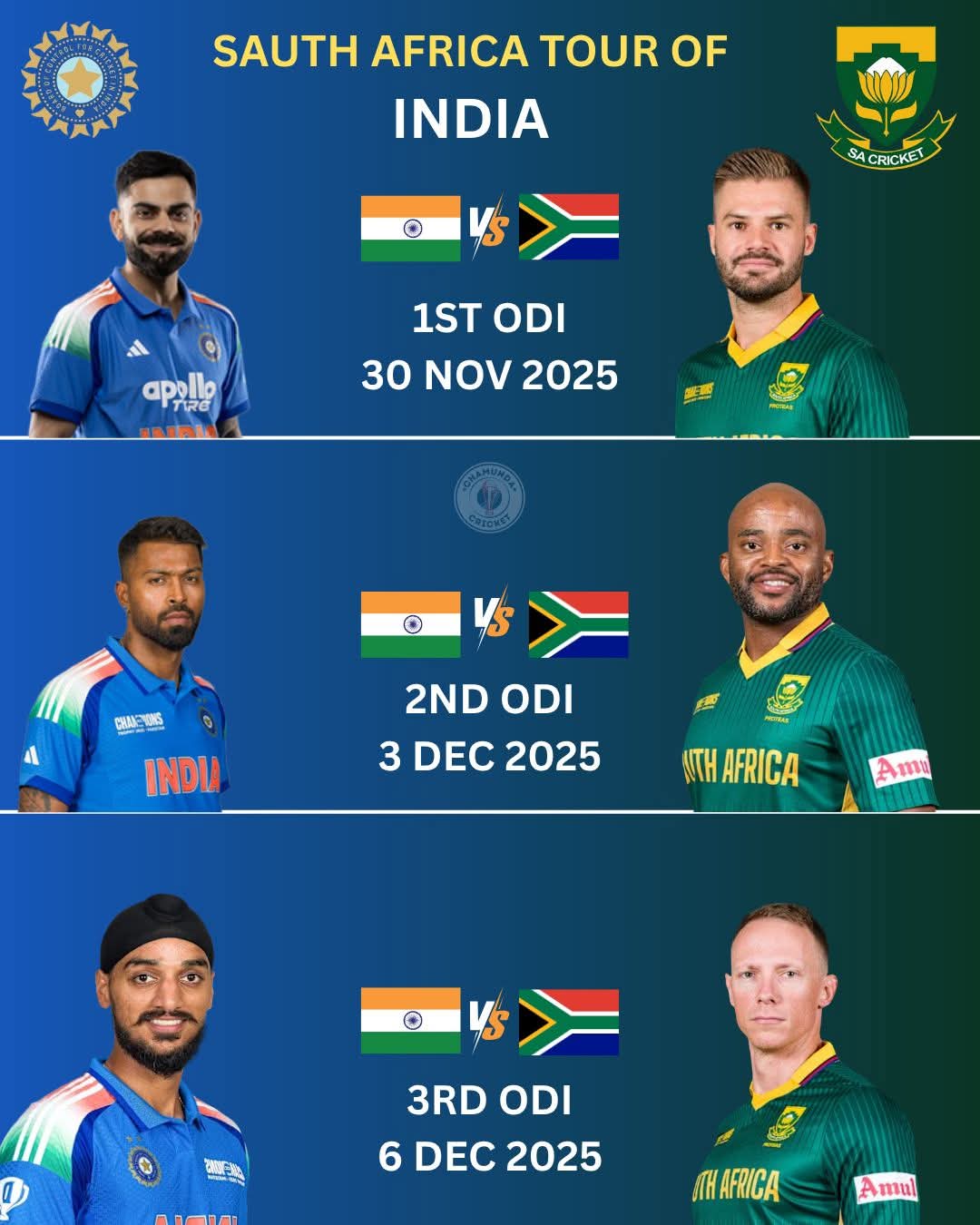 India vs South Africa 2025 ODI Series Schedule Announced