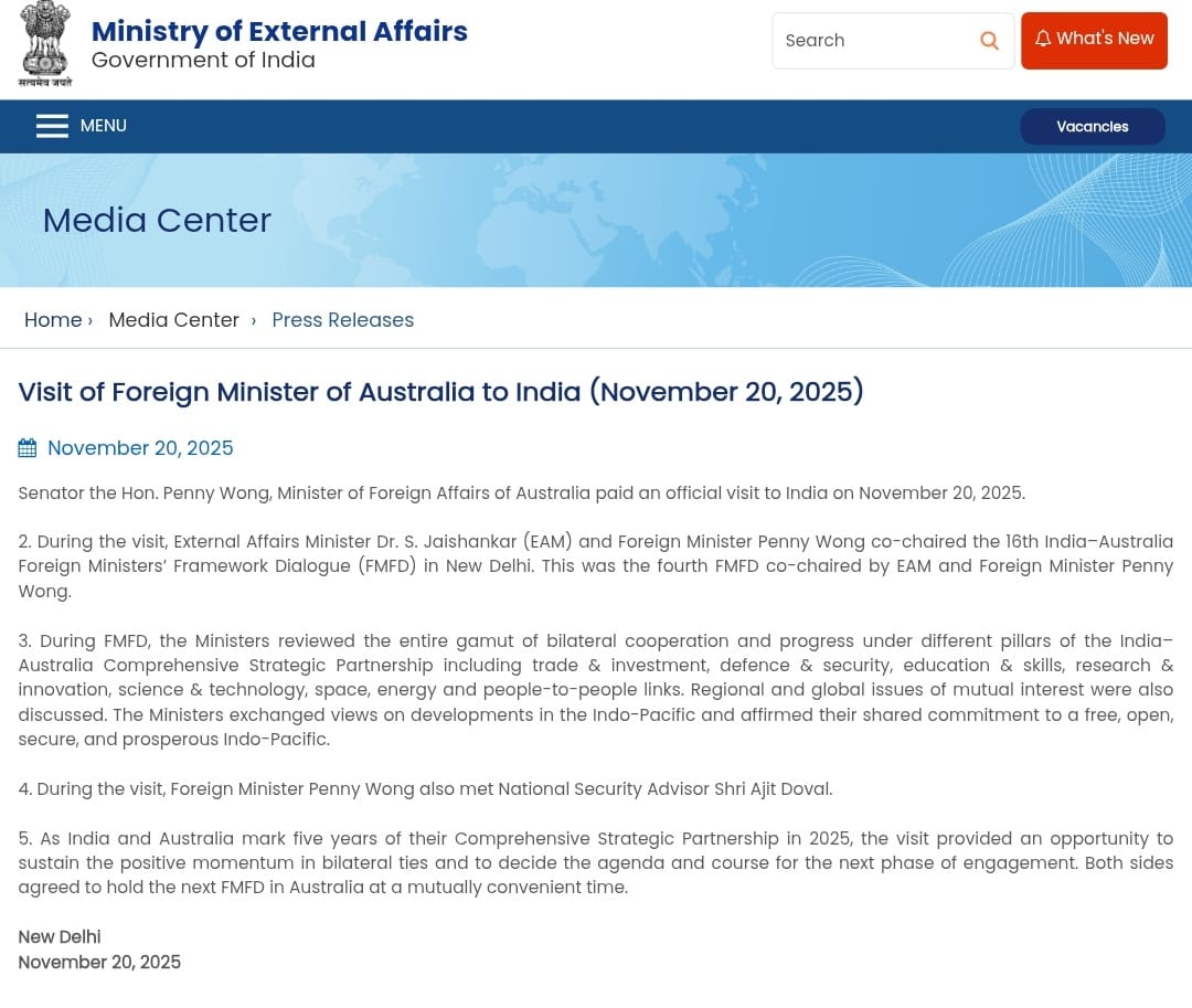 India, Australia Reaffirm Strategic Partnership During Penny Wong’s Official Visit