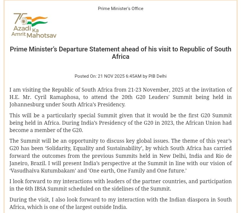 PM Modi Set to Depart for South Africa to Attend G20 Summit