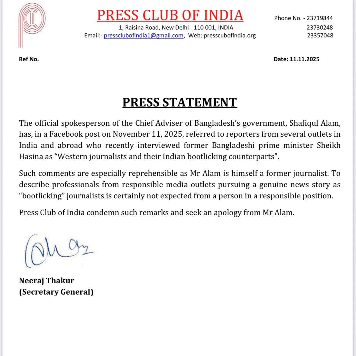 Press Club of India Condemns Bangladesh Official’s Remarks Targeting Indian Journalists